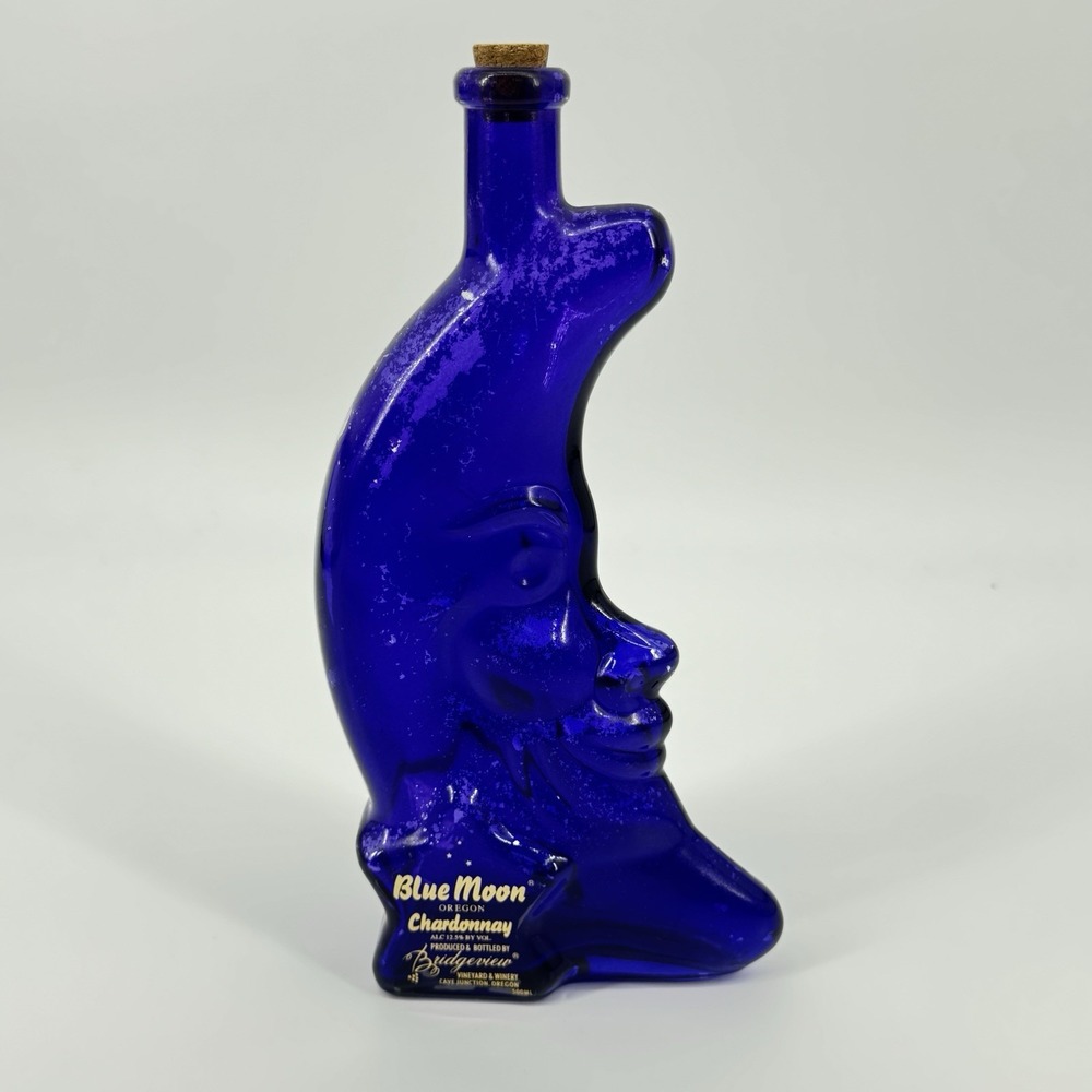 Vintage Blue Moon Oregon Chardonnay Cobalt Blue Face Bottle Bridgeview 500ml